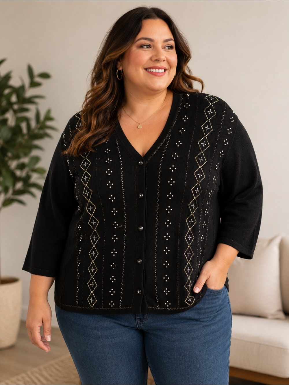 Studio Collection Black V-Neck Button Cardigan Sweater Embellished‎ Stitching 2X